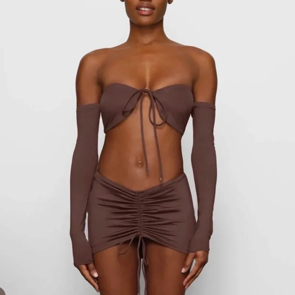 Skims Signature Swim Pull-on Ruched Mini Skirt cocoa resort wear